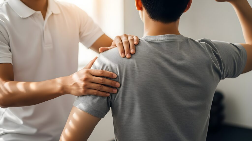physical therapist examining his patient's shoulder