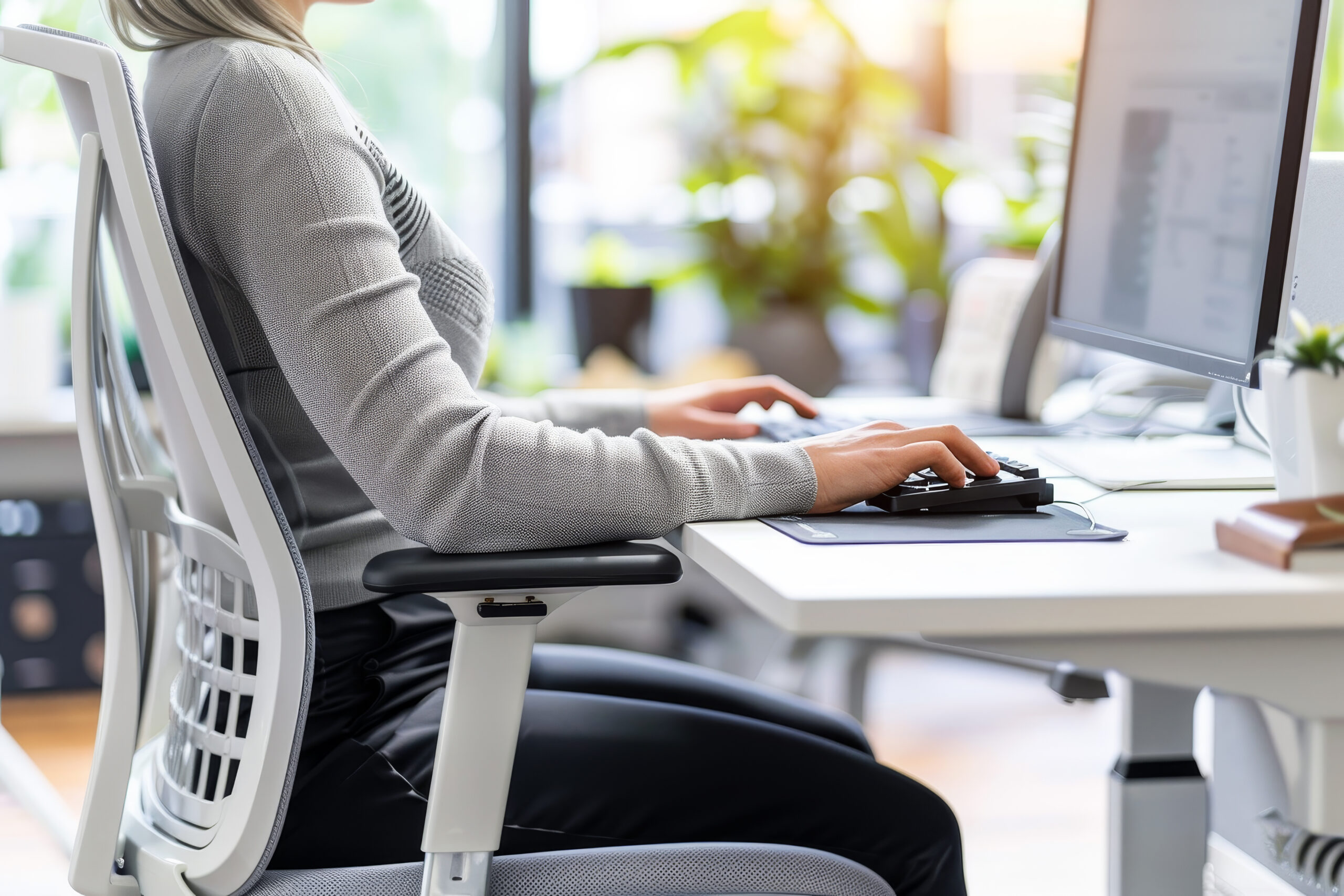 woman in an office chair and working